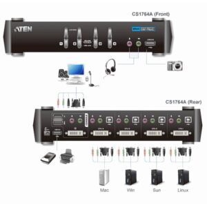 Switch KVM USB DVI a 4 Porte con Audio e Hub USB, CS1764A