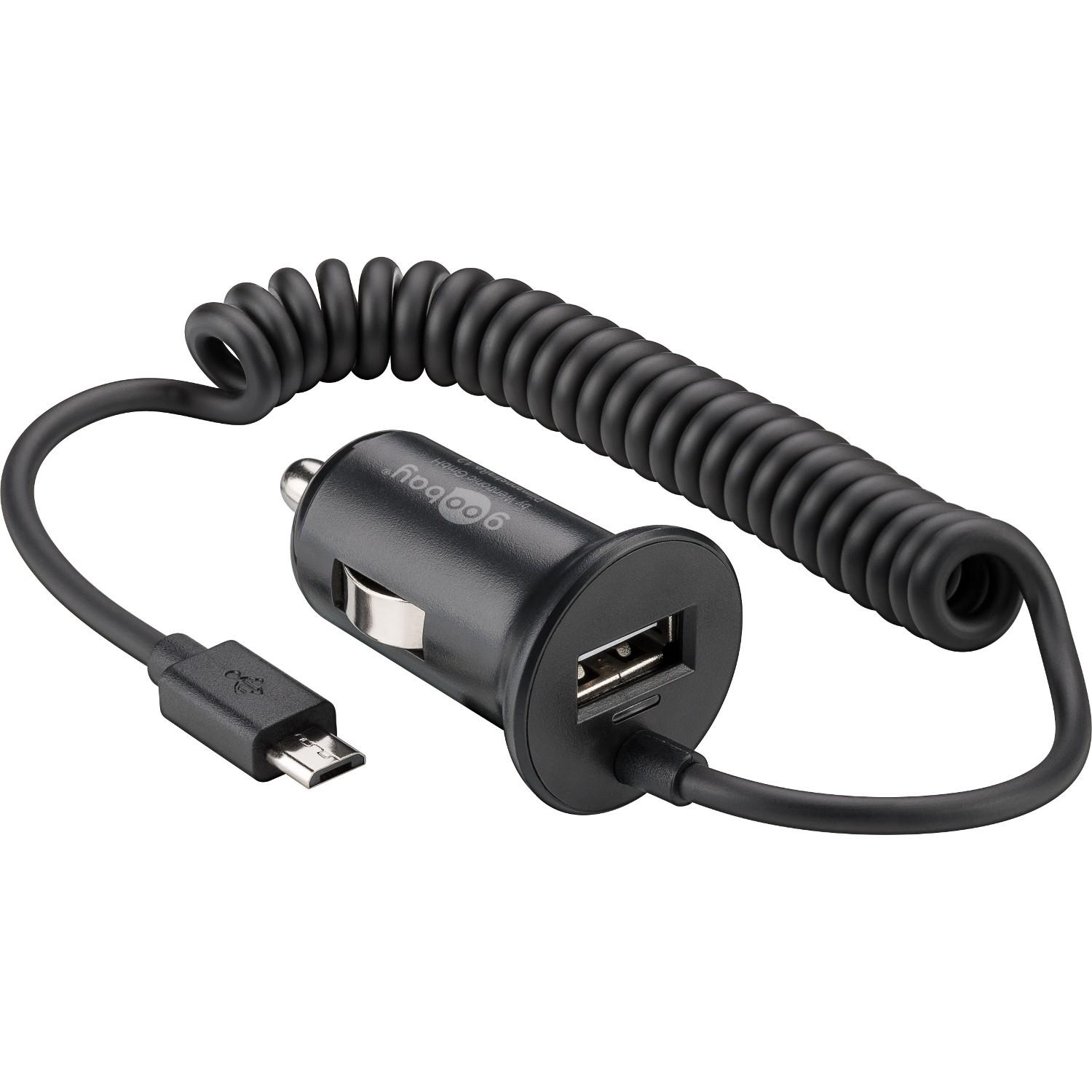 Caricabatterie Micro USB da Auto con Porta USB e Cavo Spiralato Nero