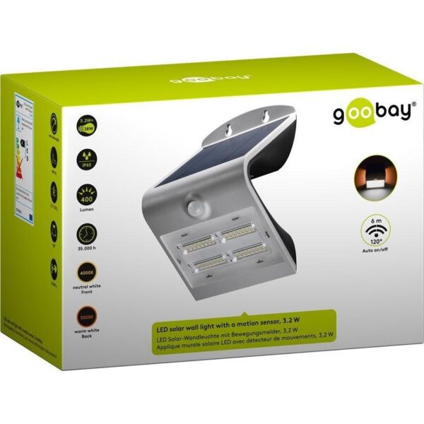 Lampada LED Solare a Muro 3,2W IP65 Sensore di Movimento Silver