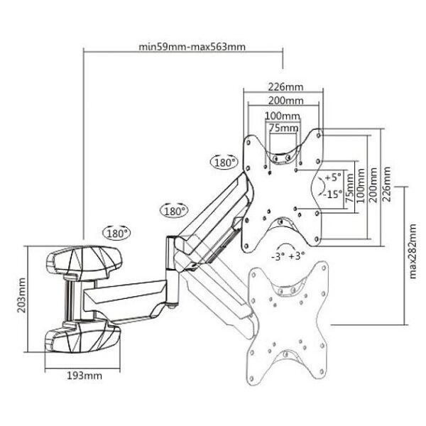 Supporto a Muro con Molla a Gas per TV Curve/Piatte 23-42'' 563mm Nero